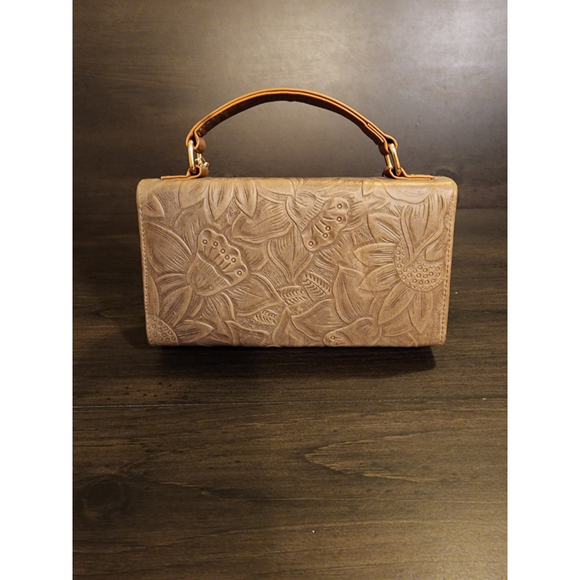 Hazelnut Brown Sunflower Embossed Tooled Artisan LEATHER Crossbody Handbag Purse - Picture 6 of 14